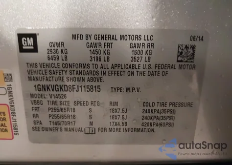 2015 Chevrolet Traverse 1Lt z USA, uszkodzony, nr VIN 1GNKVGKD8FJ115815